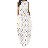 Digital printed sleeveless round neck long skirt (pocket)