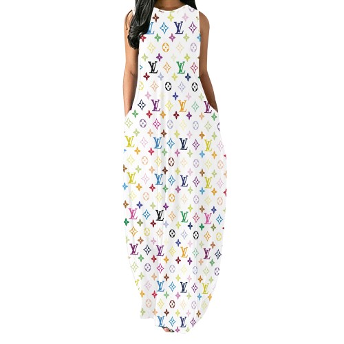Digital printed sleeveless round neck long skirt (pocket)