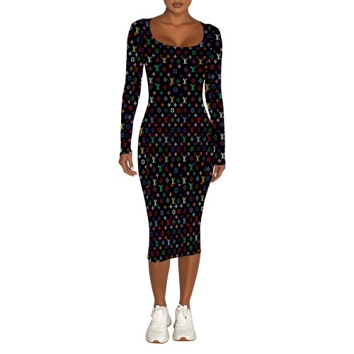 Digital printed long sleeved tight fitting dress