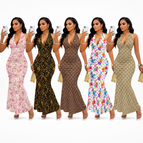 Digital Print V-neck Dress