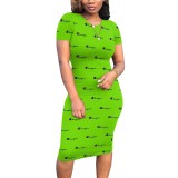 Digital printed short sleeved round neck mid length skirt