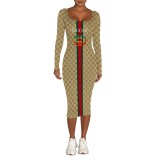 Digital printed long sleeved tight fitting dress