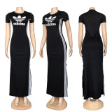 Casual Round Neck Short Sleeve Side-slit Stretchy Slim-fit Maxi Dresses