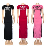 Casual Round Neck Short Sleeve Side-slit Stretchy Slim-fit Maxi Dresses