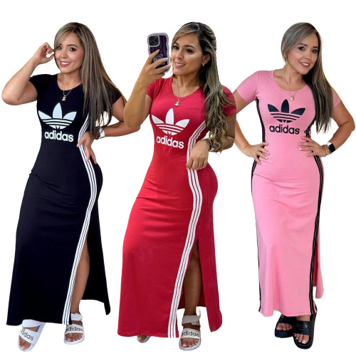 Casual Round Neck Short Sleeve Side-slit Stretchy Slim-fit Maxi Dresses