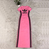 Casual Round Neck Short Sleeve Side-slit Stretchy Slim-fit Maxi Dresses