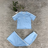 Wave point wide leg pants set, casual loose round neck embroidered sports two-piece set