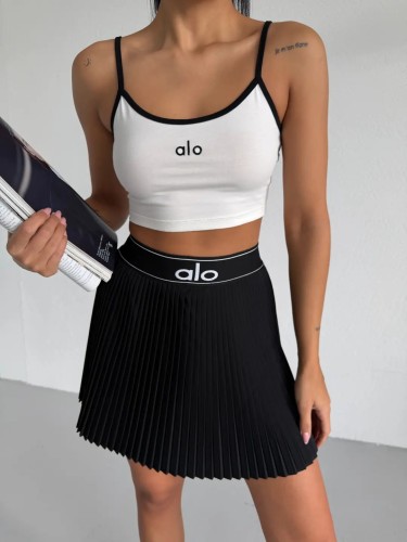 Sexy tank top high waisted pleated tennis skirt set, anti glare sports short skirt two-piece set