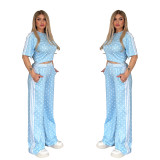 Wave point wide leg pants set, casual loose round neck embroidered sports two-piece set