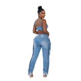 Fashionable and sexy camisole distressed high stretch fringe denim jumpsuit jumpsuit
