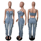 Fashionable and sexy camisole distressed high stretch fringe denim jumpsuit jumpsuit