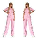 Wave point wide leg pants set, casual loose round neck embroidered sports two-piece set