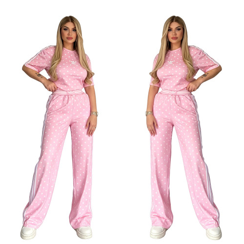 Wave point wide leg pants set, casual loose round neck embroidered sports two-piece set