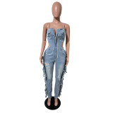 Fashionable and sexy camisole distressed high stretch fringe denim jumpsuit jumpsuit