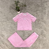Wave point wide leg pants set, casual loose round neck embroidered sports two-piece set