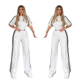 Wave point wide leg pants set, casual loose round neck embroidered sports two-piece set