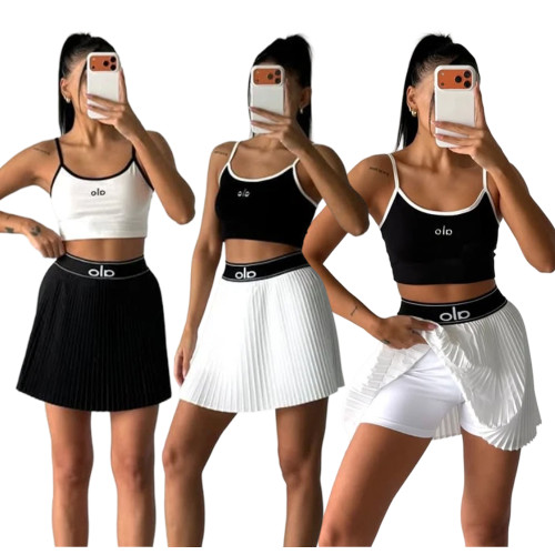 Sexy tank top high waisted pleated tennis skirt set, anti glare sports short skirt two-piece set
