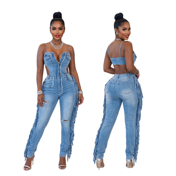 Fashionable and sexy camisole distressed high stretch fringe denim jumpsuit jumpsuit