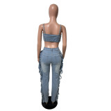 Fashionable and sexy camisole distressed high stretch fringe denim jumpsuit jumpsuit