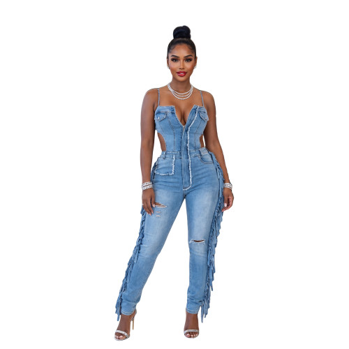Fashionable and sexy camisole distressed high stretch fringe denim jumpsuit jumpsuit