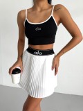 Sexy tank top high waisted pleated tennis skirt set, anti glare sports short skirt two-piece set