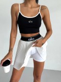 Sexy tank top high waisted pleated tennis skirt set, anti glare sports short skirt two-piece set