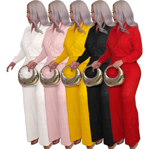 Hot stamping pleated long sleeved lapel shirt wide leg long pants two-piece set