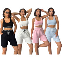Fashionable cropped tank top with double waistbands and seven-inch yoga pants casual workout set (includes chest pad)