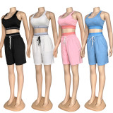 Fashionable cropped tank top with double waistbands and seven-inch yoga pants casual workout set (includes chest pad)