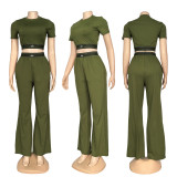 Short slim fit waist exposed short sleeved high waisted wide leg long pants yoga two-piece casual sports set