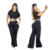 Short slim fit waist exposed short sleeved high waisted wide leg long pants yoga two-piece casual sports set