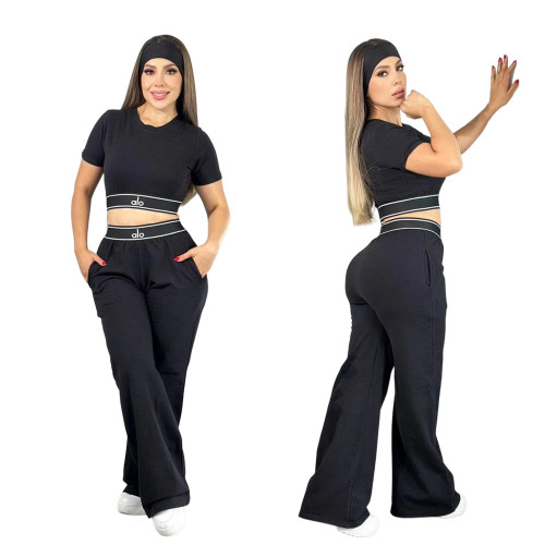 Short slim fit waist exposed short sleeved high waisted wide leg long pants yoga two-piece casual sports set
