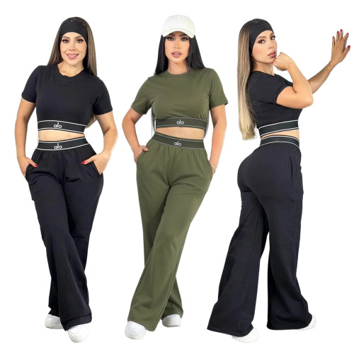 Short slim fit waist exposed short sleeved high waisted wide leg long pants yoga two-piece casual sports set