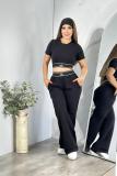 Short slim fit waist exposed short sleeved high waisted wide leg long pants yoga two-piece casual sports set