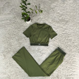 Short slim fit waist exposed short sleeved high waisted wide leg long pants yoga two-piece casual sports set