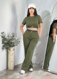 Short slim fit waist exposed short sleeved high waisted wide leg long pants yoga two-piece casual sports set