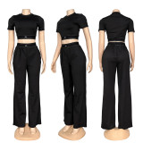 Short slim fit waist exposed short sleeved high waisted wide leg long pants yoga two-piece casual sports set