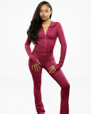 Stand-up collar, no-closure jacquard high-elasticity fabric long-sleeved pants set in two-piece