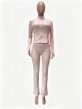 Stand-up collar, no-closure jacquard high-elasticity fabric long-sleeved pants set in two-piece
