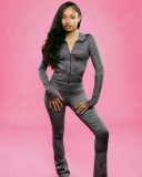 Stand-up collar, no-closure jacquard high-elasticity fabric long-sleeved pants set in two-piece