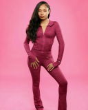Stand-up collar, no-closure jacquard high-elasticity fabric long-sleeved pants set in two-piece