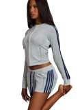 Two piece set of German velvet zipper pocket drawstring side striped patchwork shorts
