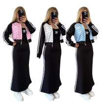 Polka Dot Zip-Up Short Jacket + Black Strapless Mermaid Long Dress Slim-Fitting Dress Two-Piece Set
