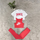 Fashion yoga suit three piece set short T-shirt vest high waisted hip lifting tight pants sports suit