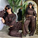 Short waist exposed long sleeved top, high waist wide leg pants, casual slimming sports two-piece set