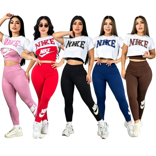Fashion yoga suit three piece set short T-shirt vest high waisted hip lifting tight pants sports suit