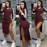 Slimming and slimming V-neck embroidered long sleeved dress with sexy slit and hip hugging mid length skirt