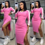 Slimming and slimming V-neck embroidered long sleeved dress with sexy slit and hip hugging mid length skirt