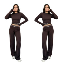 Slim fit waist exposed long sleeved top, high waist wide leg pants set, casual sports two-piece set