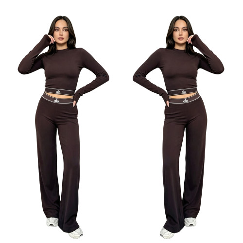 Slim fit waist exposed long sleeved top, high waist wide leg pants set, casual sports two-piece set
